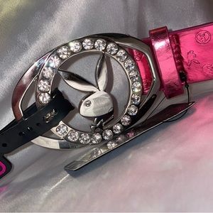 NWT Y2K Vintage Playboy Bunny Rhinestone Bling Belt Buckle Metallic Pink Belt